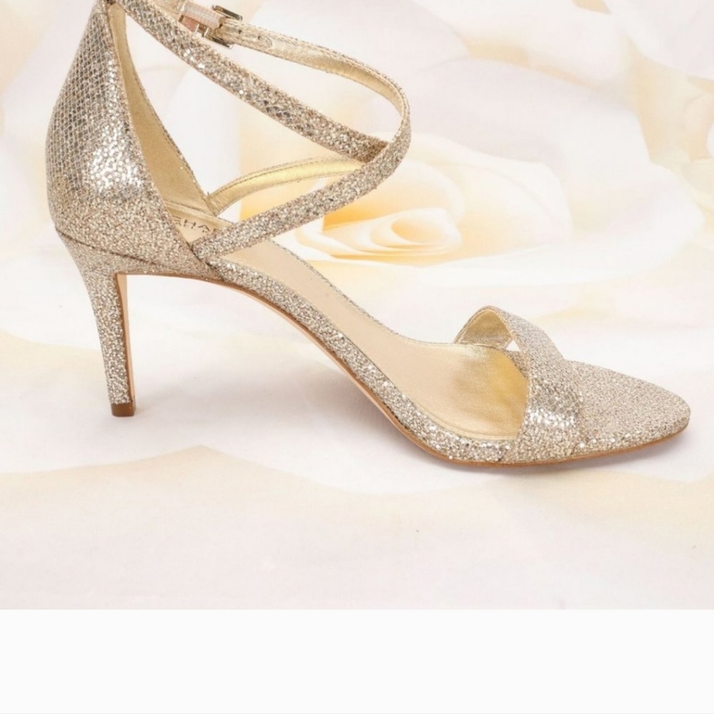Michael Kors Ava Size Sand Glitter Mid-Heel Sandals Shoes W/Ankle Strap - Picture 9 of 16